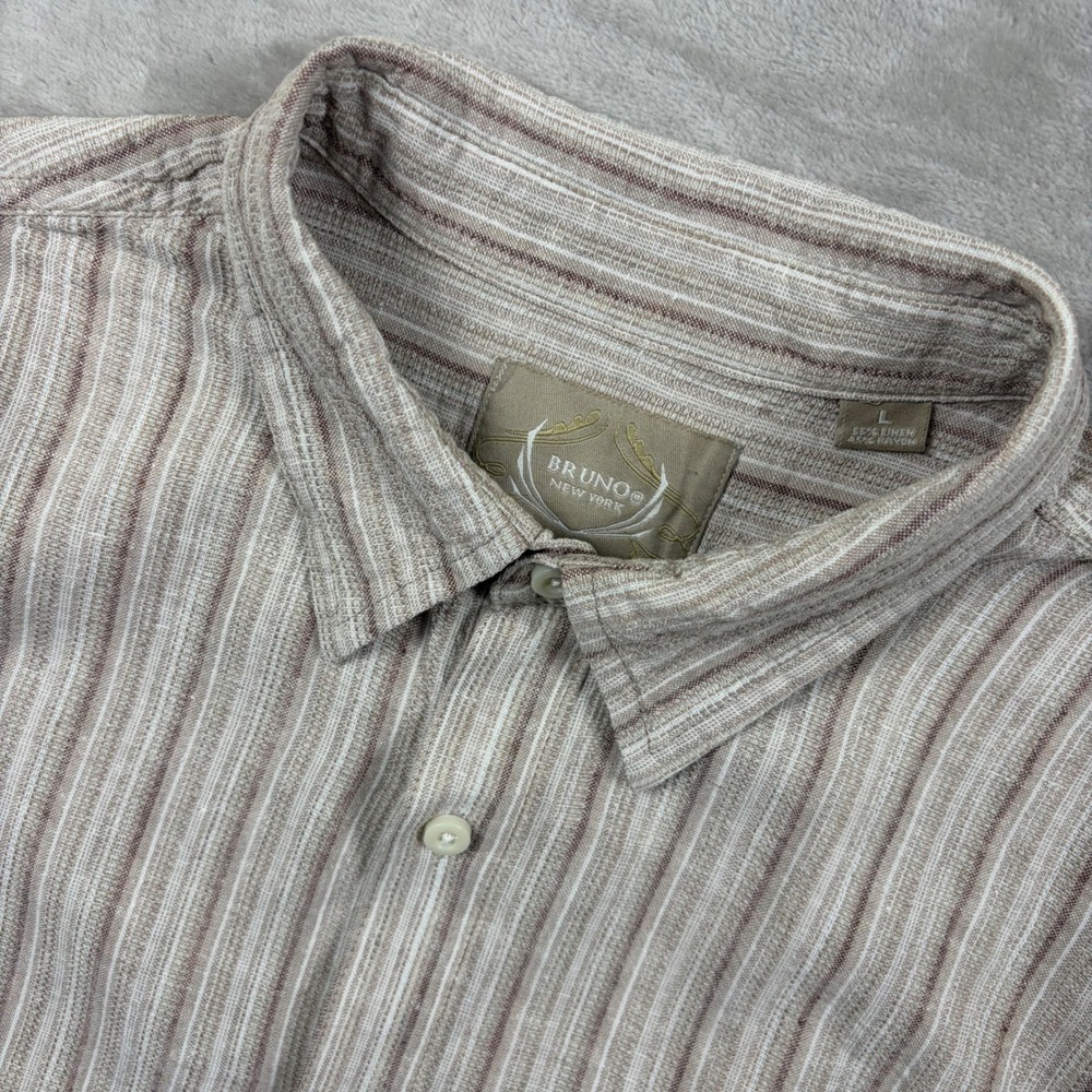 Bruno New York Mens L Linen Rayon Striped Short Sleeve Button Up Shirt Beige
